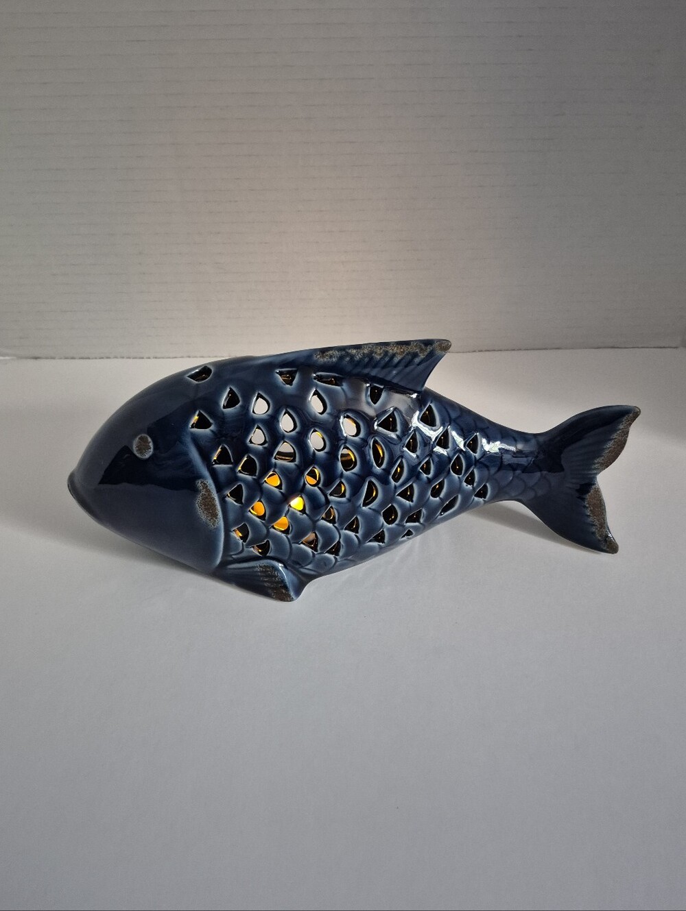 Pier 1 Vintage Cobalt Blue Ceramic Large Fish Tealight Candleholder NWT Rare
